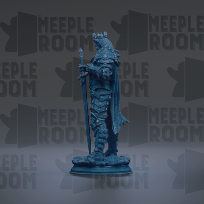 A blue statue of a knight holding a sword and shield, standing on a pedestal against a dark background with repeated text.