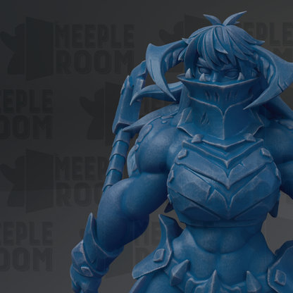 A close-up of a blue, armored figure with a fierce expression, standing against a dark background with repeated text.