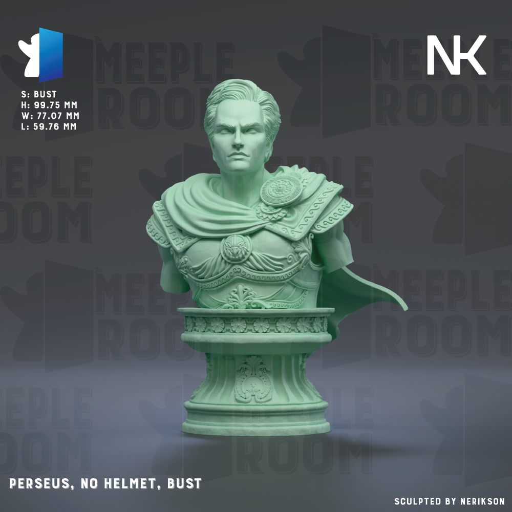 a bust of a man wearing a helmet and bustle, with the text "PERSEUS, NO HELMET, BUST" below the statue.