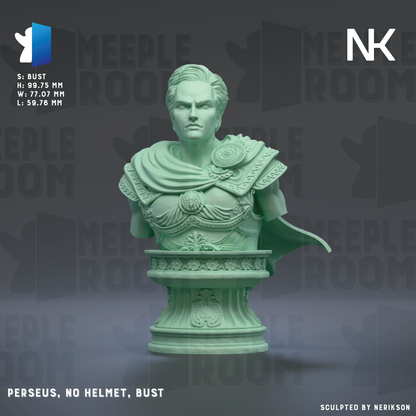 a bust of a man wearing a helmet and bustle, with the text "PERSEUS, NO HELMET, BUST" below the statue.