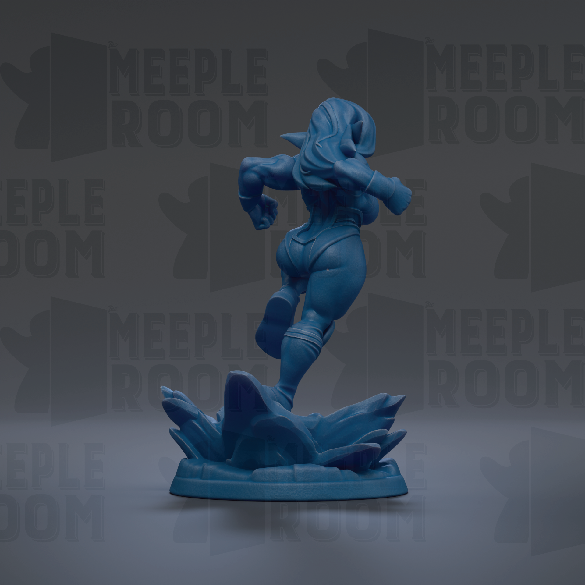 A blue figurine of a female character is shown in a dynamic pose, standing on a platform with a textured surface.