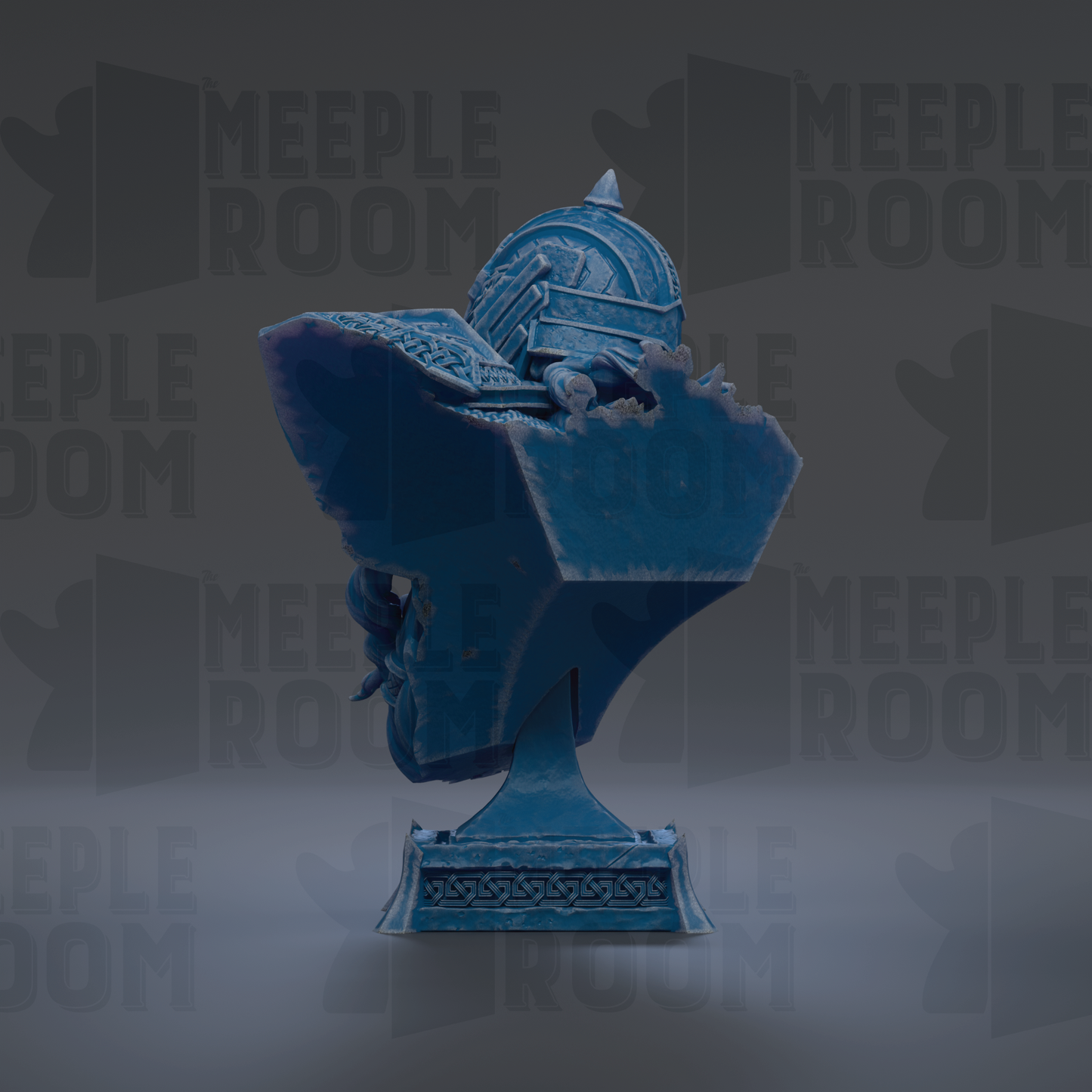 A blue bust of a person, possibly a historical figure, is shown against a dark background with repeated text.