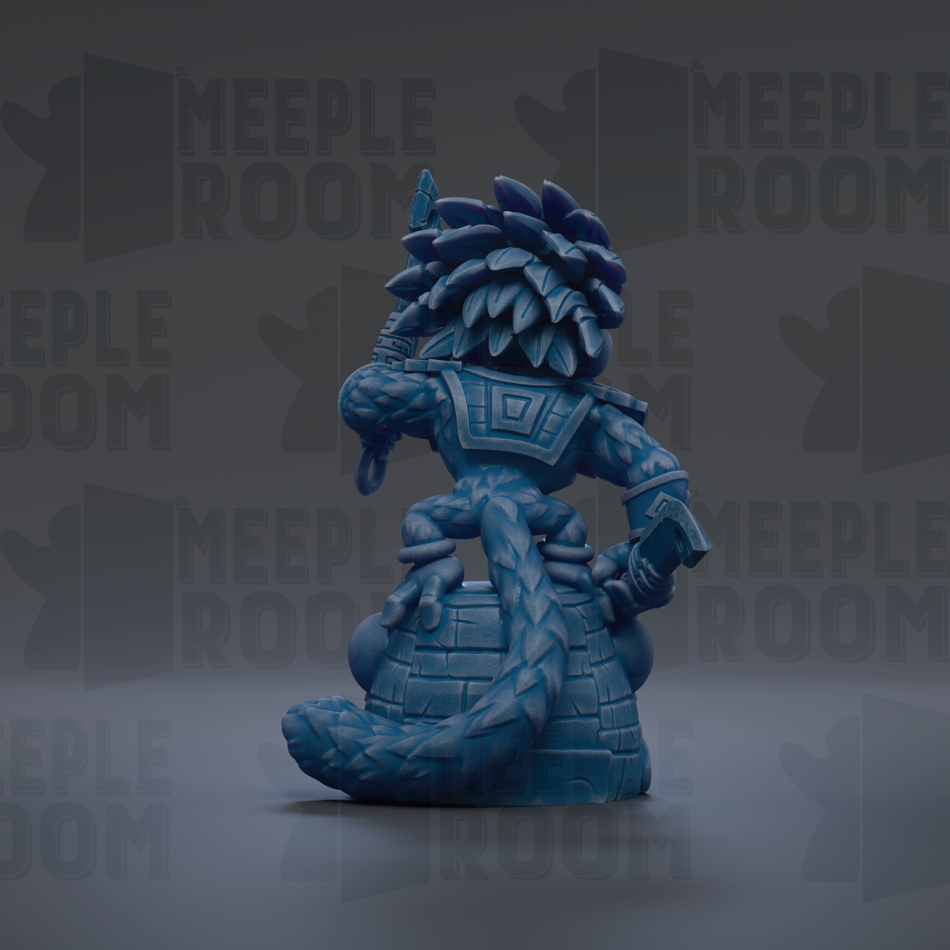 A blue, 3D-rendered statue of a dragon-like creature with a large head and long tail, standing on a brick base.