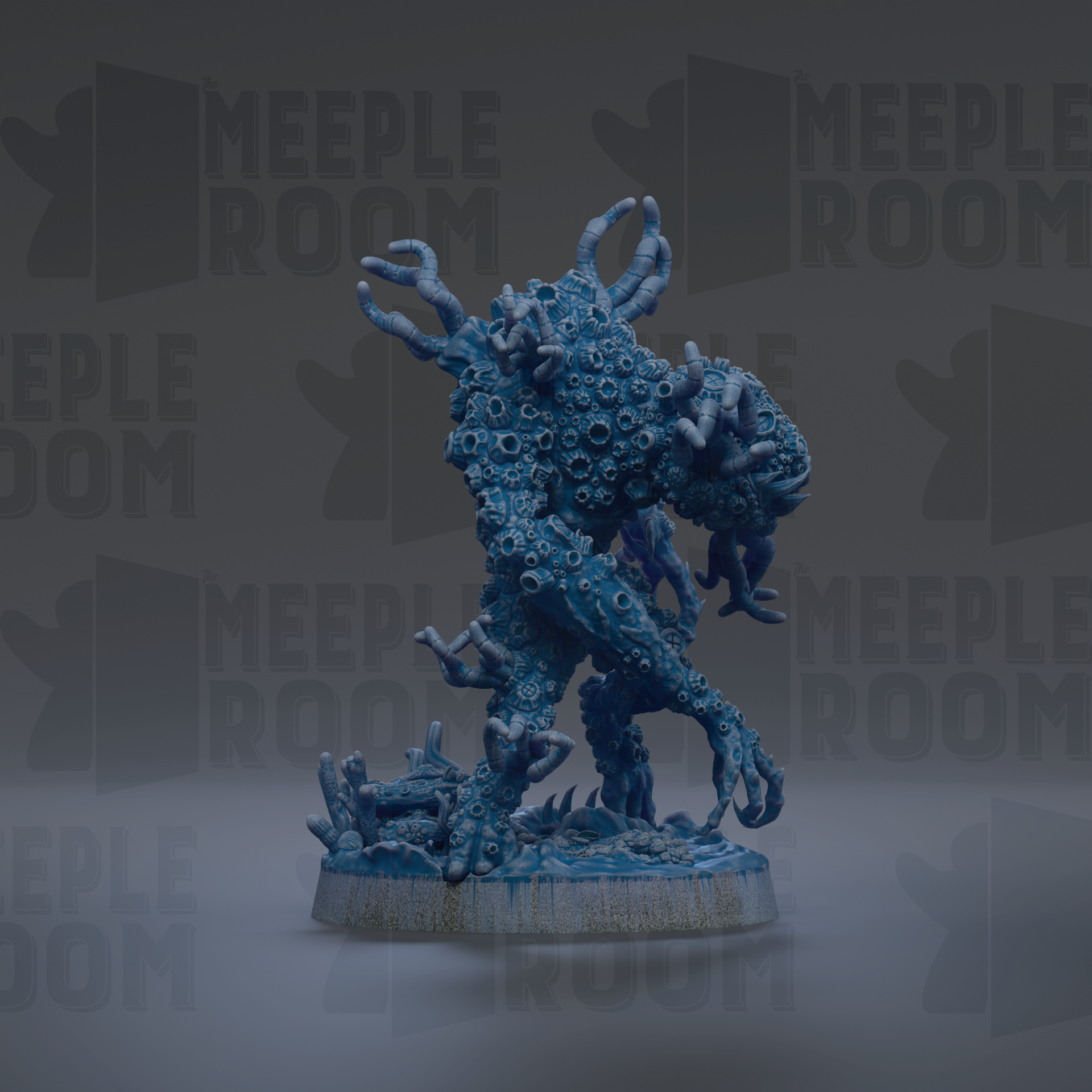 A 3D rendering of a blue, organic-looking creature with intricate, textured features, standing on a base.