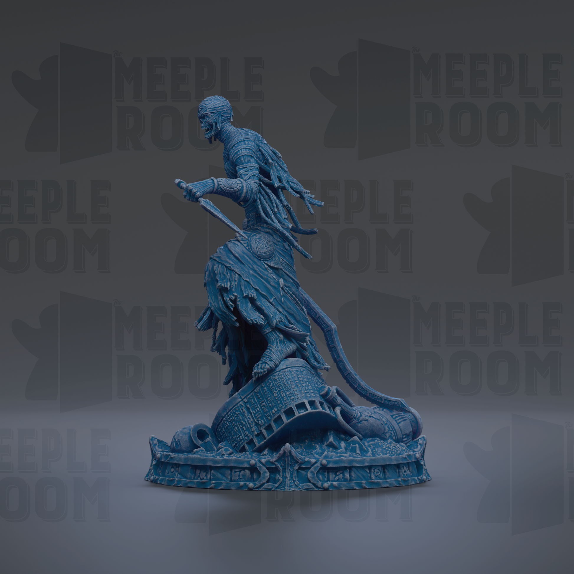 A blue statue of a figure with a sword and shield, standing on a platform against a dark background with repeated text.