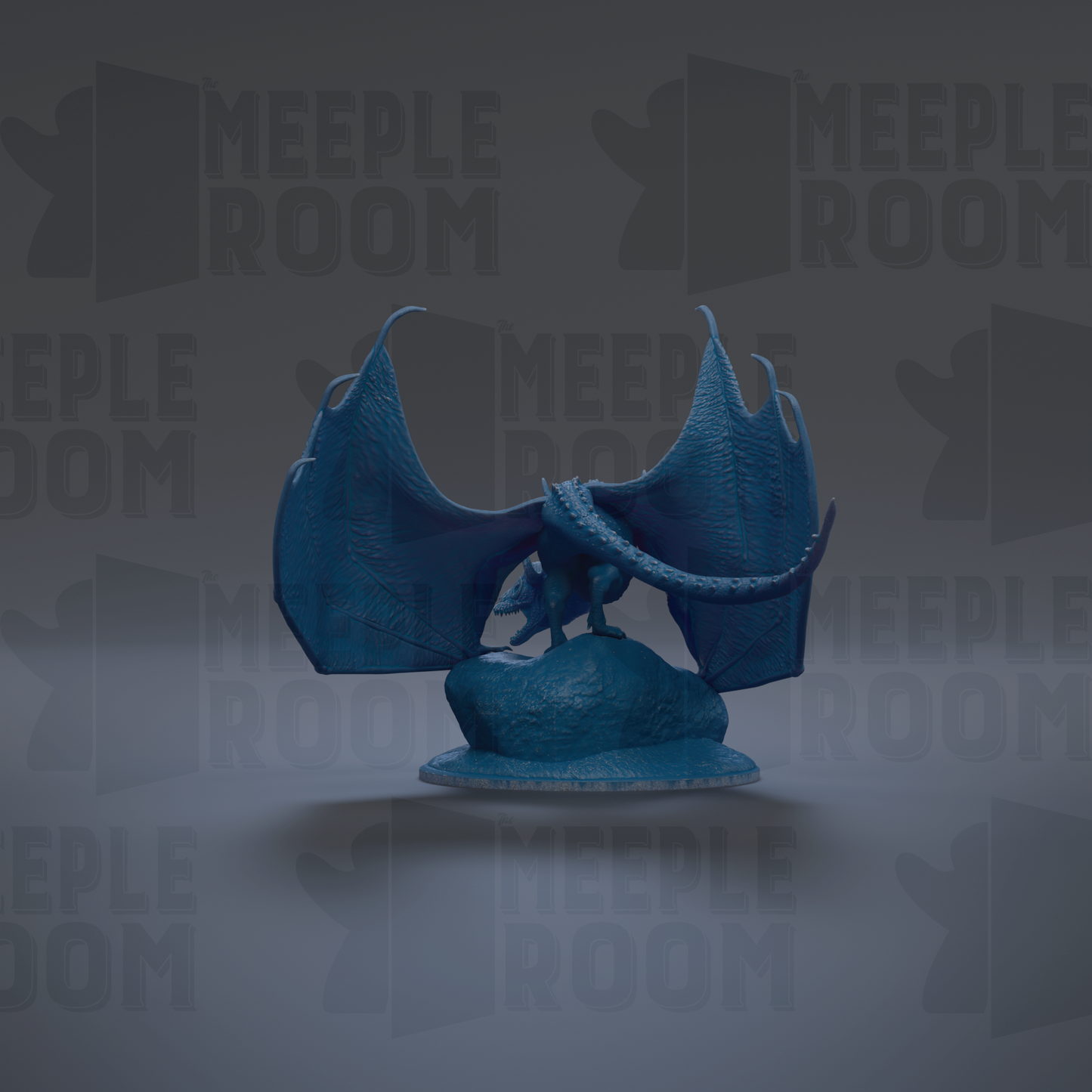 A blue dragon figurine with outstretched wings is displayed against a dark background with repeated text.