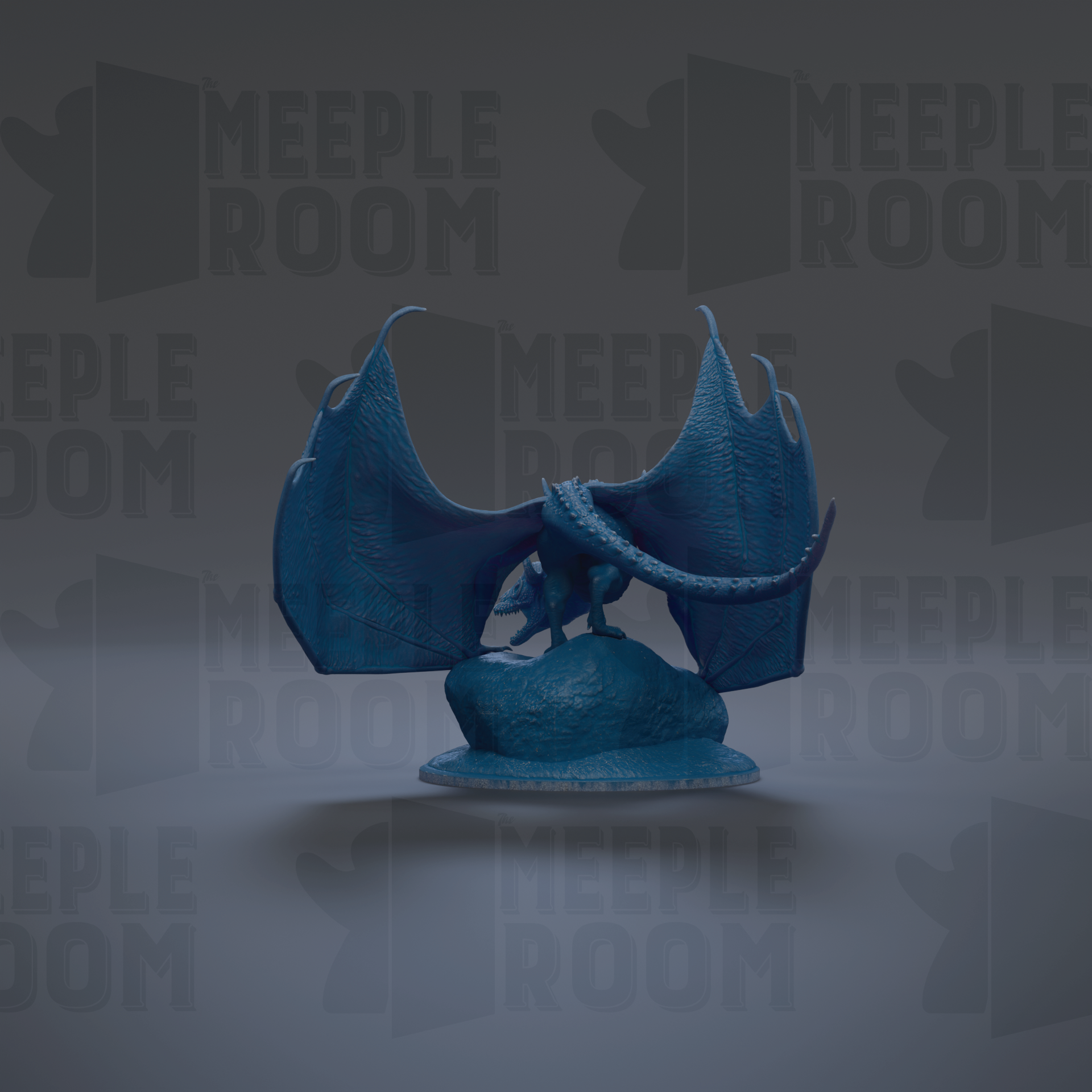 A blue dragon figurine with outstretched wings is displayed against a dark background with repeated text.