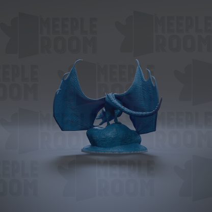 A blue dragon figurine with outstretched wings is displayed against a dark background with repeated text.