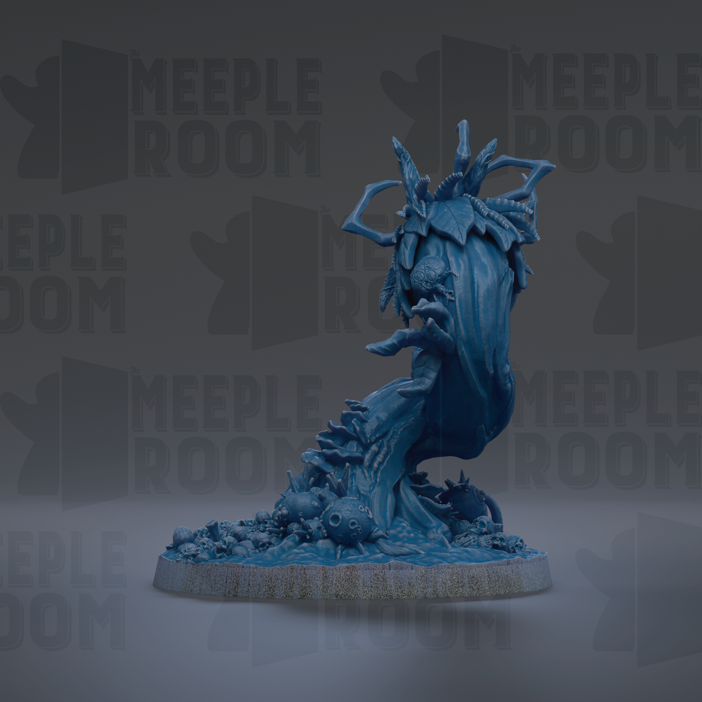 A blue, abstract sculpture resembling a tree or plant with various organic shapes and textures.