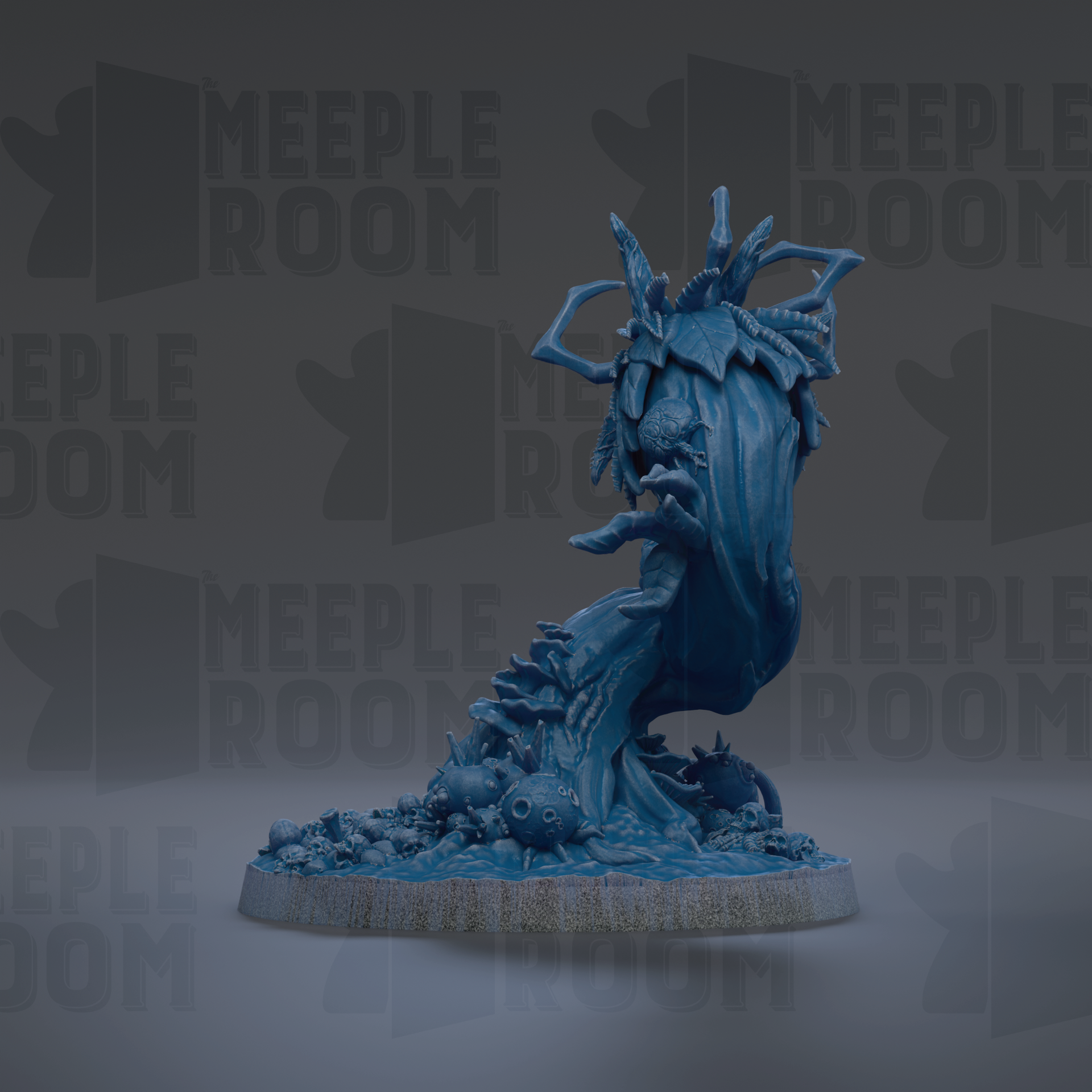 A blue, abstract sculpture resembling a tree or plant with various organic shapes and textures.