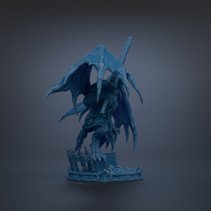 A 3D rendering of a blue dragon-like creature with sharp talons and a fierce expression, standing on a platform with a dark background.