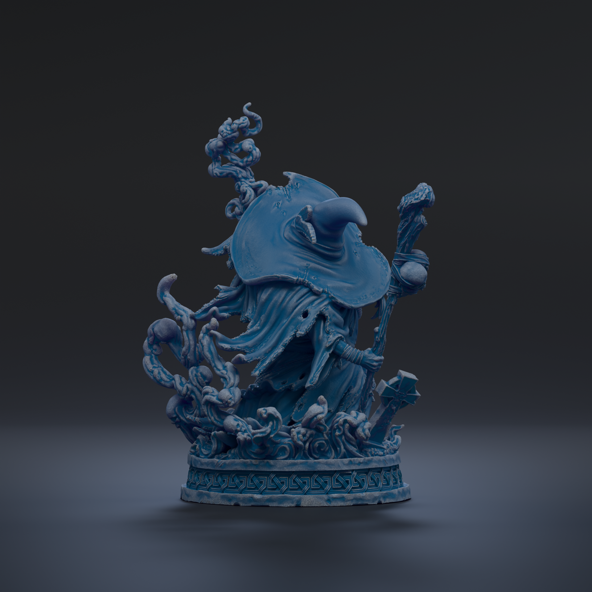 A blue, fantastical statue of a wizard or magical being, with intricate details and a flowing robe, stands on a pedestal against a dark background.
