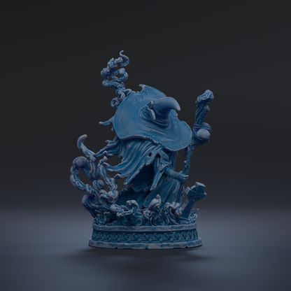 A blue, fantastical statue of a wizard or magical being, with intricate details and a flowing robe, stands on a pedestal against a dark background.