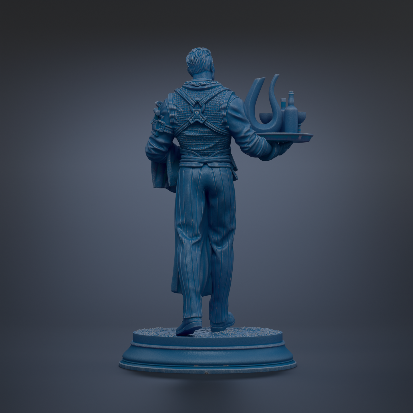 A blue statue of a man holding a tray with various objects, including a bottle and a cup.