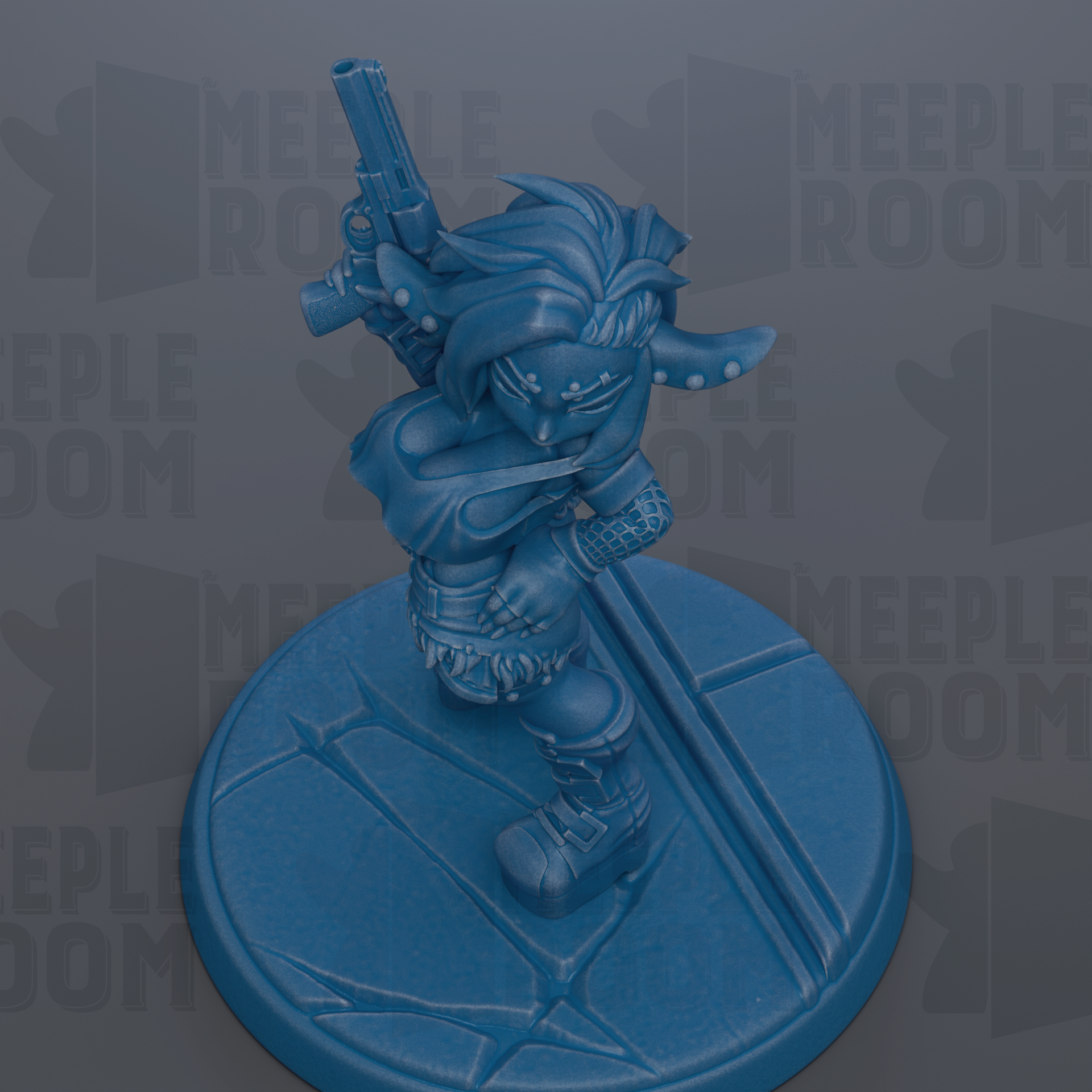A blue figurine of a character with a gun, standing on a blue base.