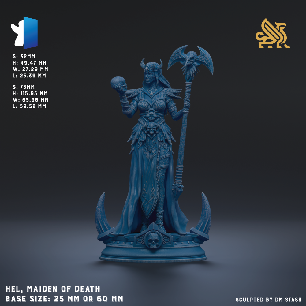 a female warrior figure, specifically the "Maiden of Death", a character from the video game "Hel: Maiden of Death". The figure is shown in a detailed, blue-colored statue, standing on a base and holding a sword and a skull. The image is a sculpture of the "Maiden of Death" and is described as a "base size: 25mm or 60mm". The image is not a collage of multiple images, but rather a single, detailed statue of the character.