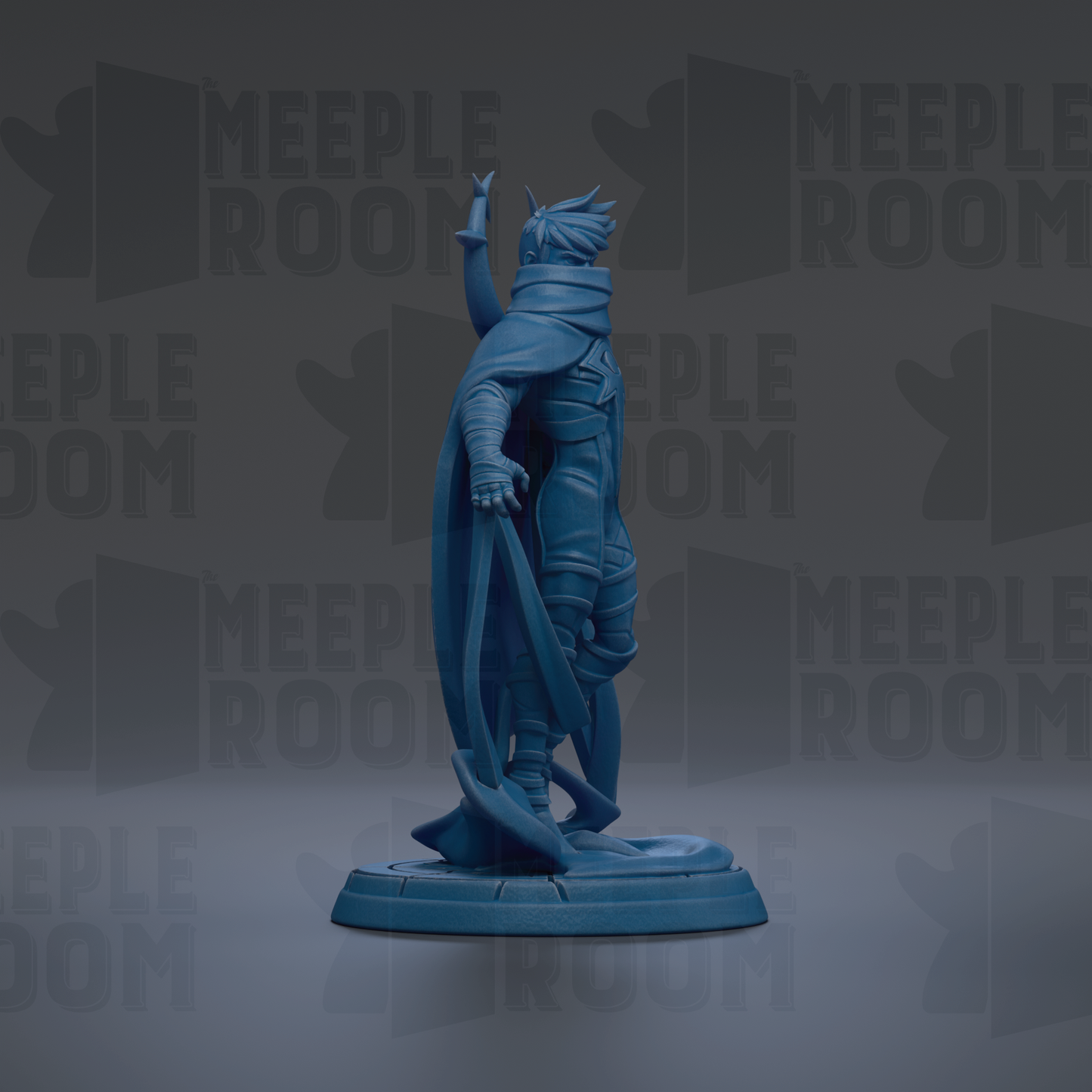 A blue figurine of a person standing on a platform, with the text "MEUPLE ROOM" repeated in the background.