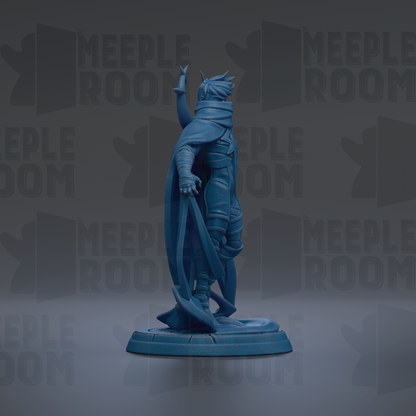 A blue figurine of a person standing on a platform, with the text "MEUPLE ROOM" repeated in the background.