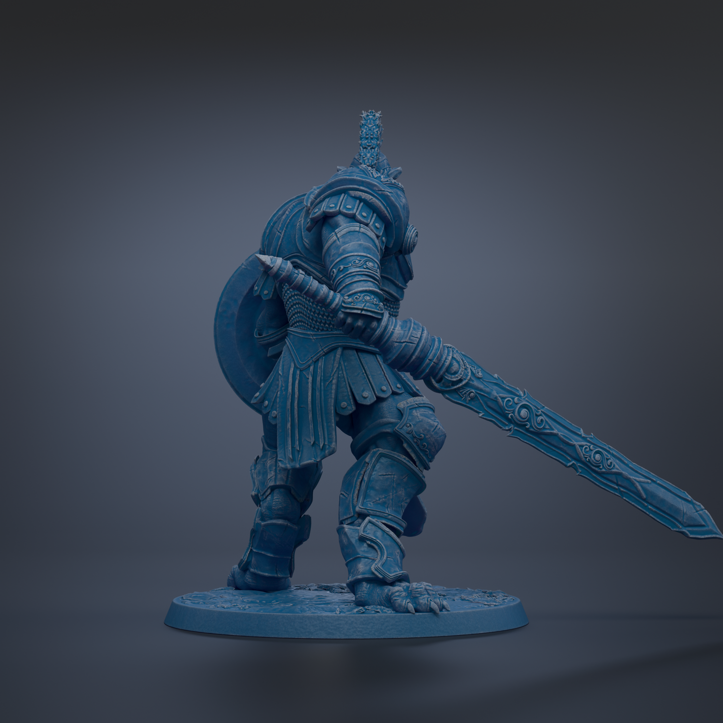 A blue armored warrior figure wielding a large sword, standing in a defensive stance.