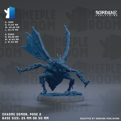 The image is a detailed model of a blue creature resembling a dragon or monster, with wings and sharp teeth, displayed on a base. The creature is positioned in a pose that suggests it is ready to attack or defend. The image is a sculpture and does not contain any text. The base size of the sculpture is either 25mm or 50mm.