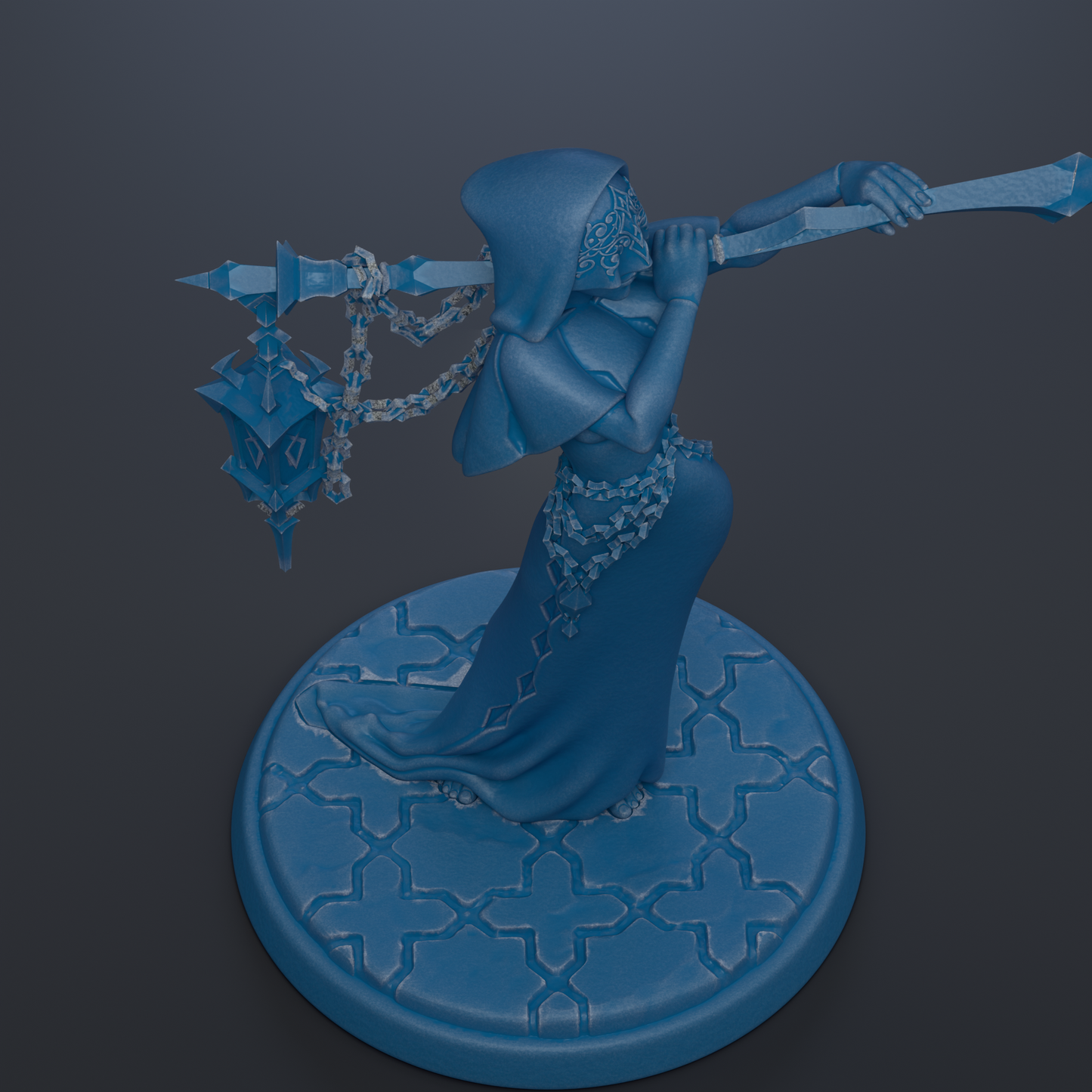 A blue statue of a woman holding a lantern and a staff, standing on a circular base with a geometric pattern.