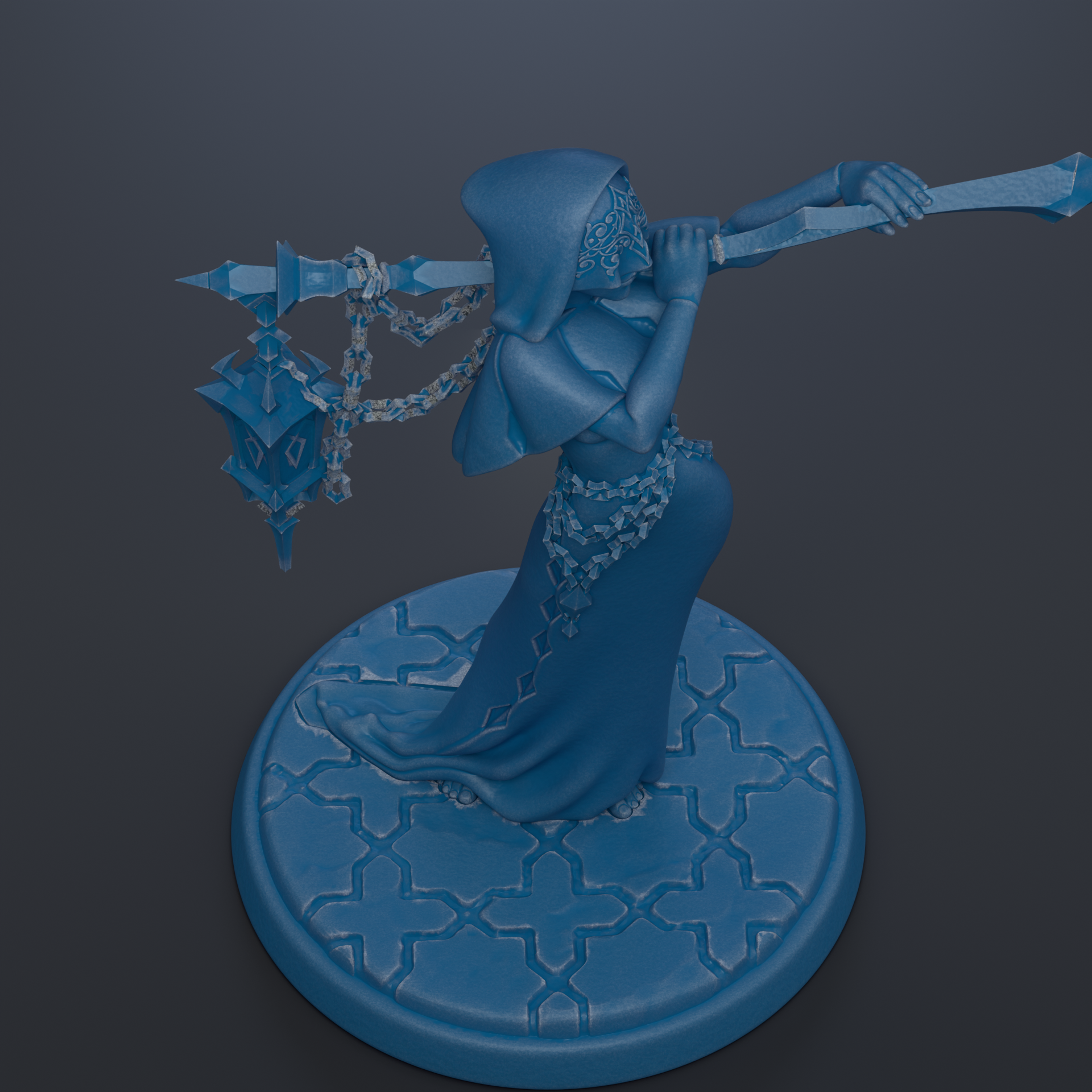 A blue statue of a woman holding a lantern and a staff, standing on a circular base with a geometric pattern.