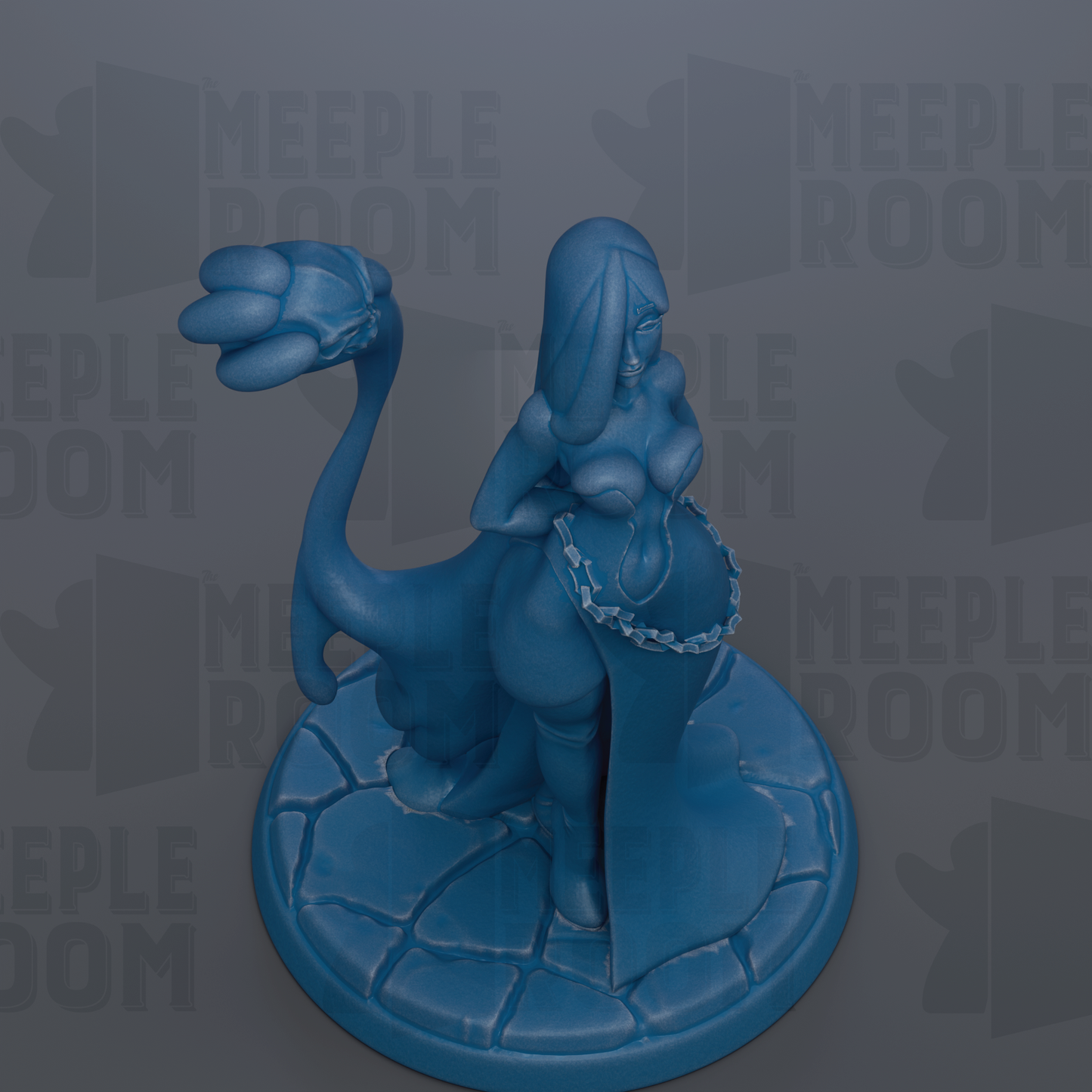 A blue figurine of a woman with a long, flowing skirt and a large headdress, standing on a stone base.