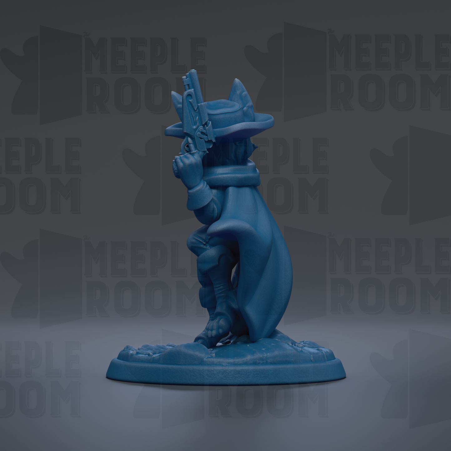 A blue figurine of a character holding a gun, standing on a base, against a dark background with repeated text.
