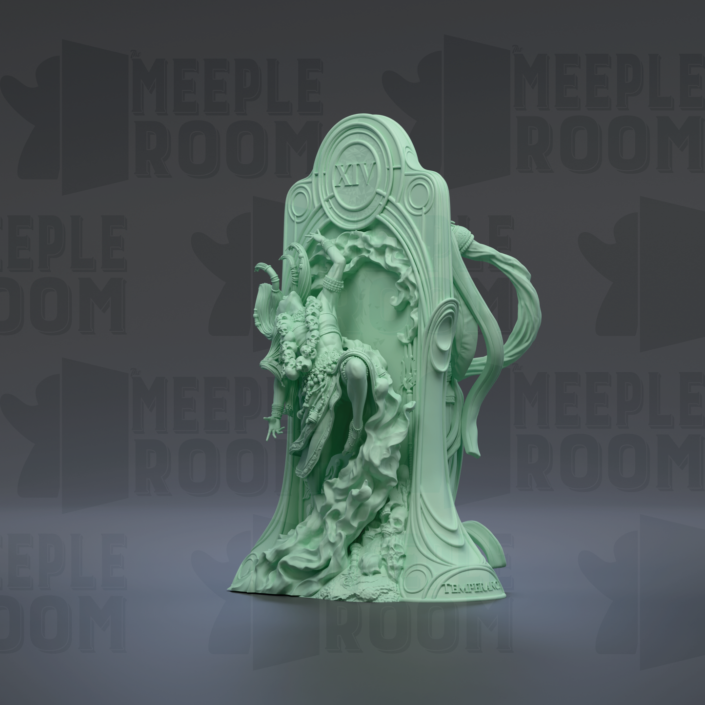 a green sculpture of a figure with a large head and a smaller body, set against a dark background with repeated text.
