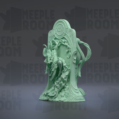 a green sculpture of a figure with a large head and a smaller body, set against a dark background with repeated text.