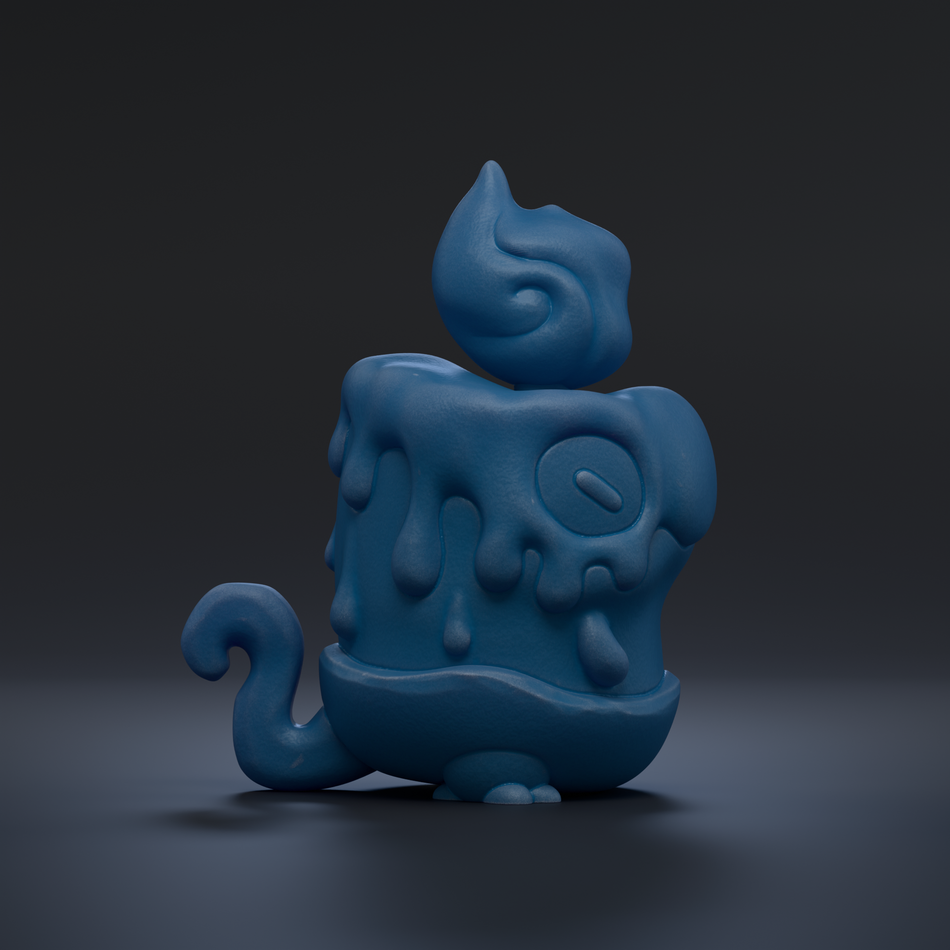 A blue, abstract, and whimsical candle-like object with dripping wax and a flame-like shape on top, set against a dark background.