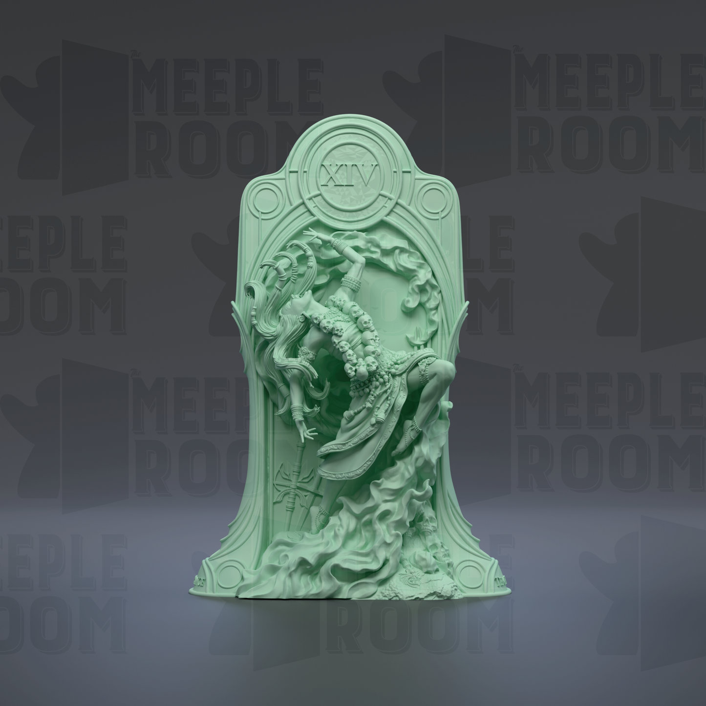 a green, ornate sculpture with intricate details, including a central figure surrounded by a decorative frame.