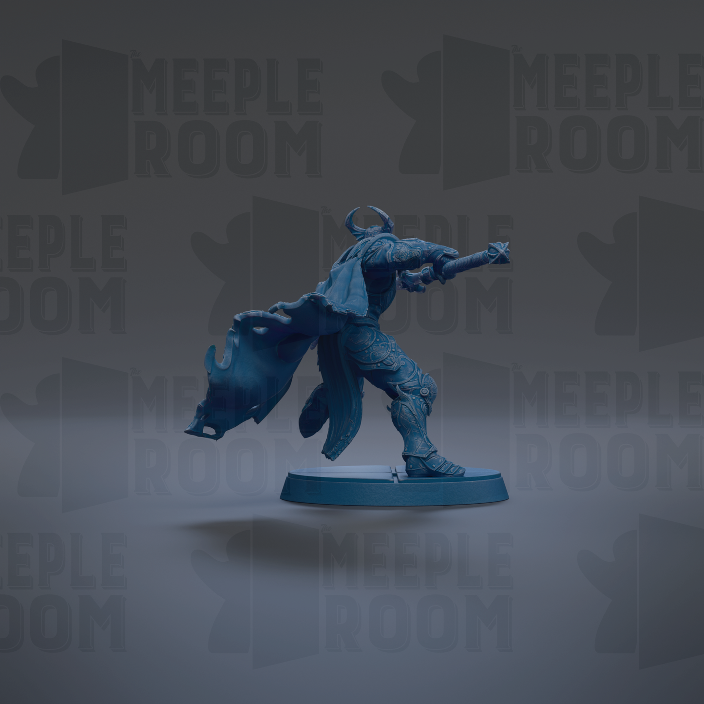 A blue figurine of a person in a fighting stance, with a cape billowing behind them, is the central focus of the image.