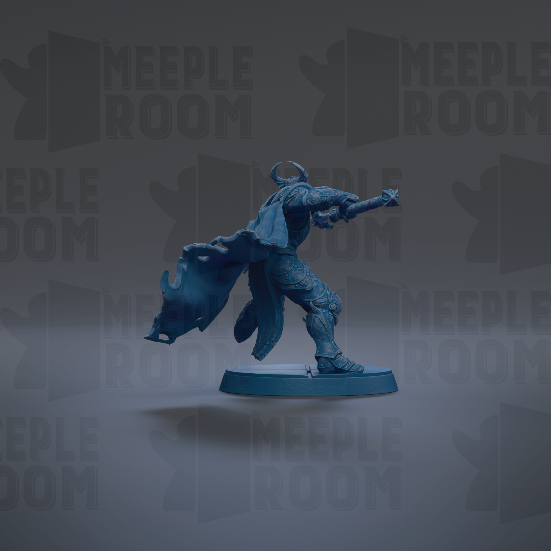 A blue figurine of a person in a fighting stance, with a cape billowing behind them, is the central focus of the image.