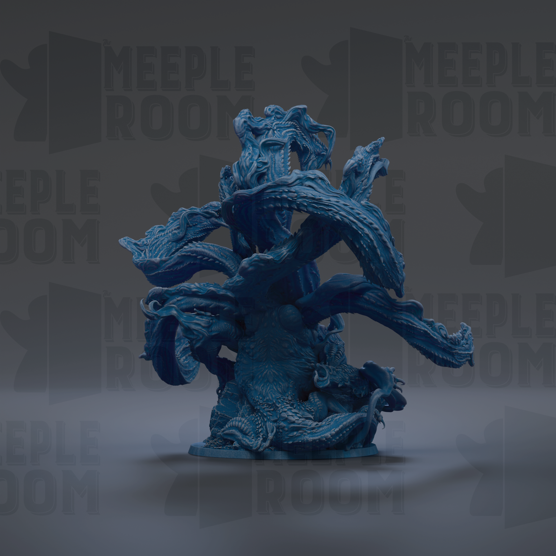 A blue, abstract sculpture resembling a tree or plant with intricate, organic shapes and textures.