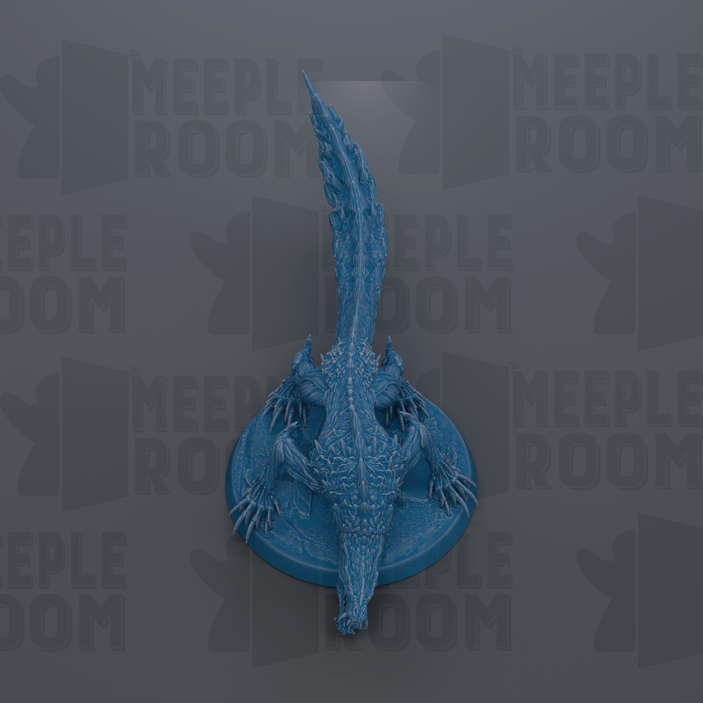 A blue, stylized dragon figurine is displayed against a dark background with repeated text.