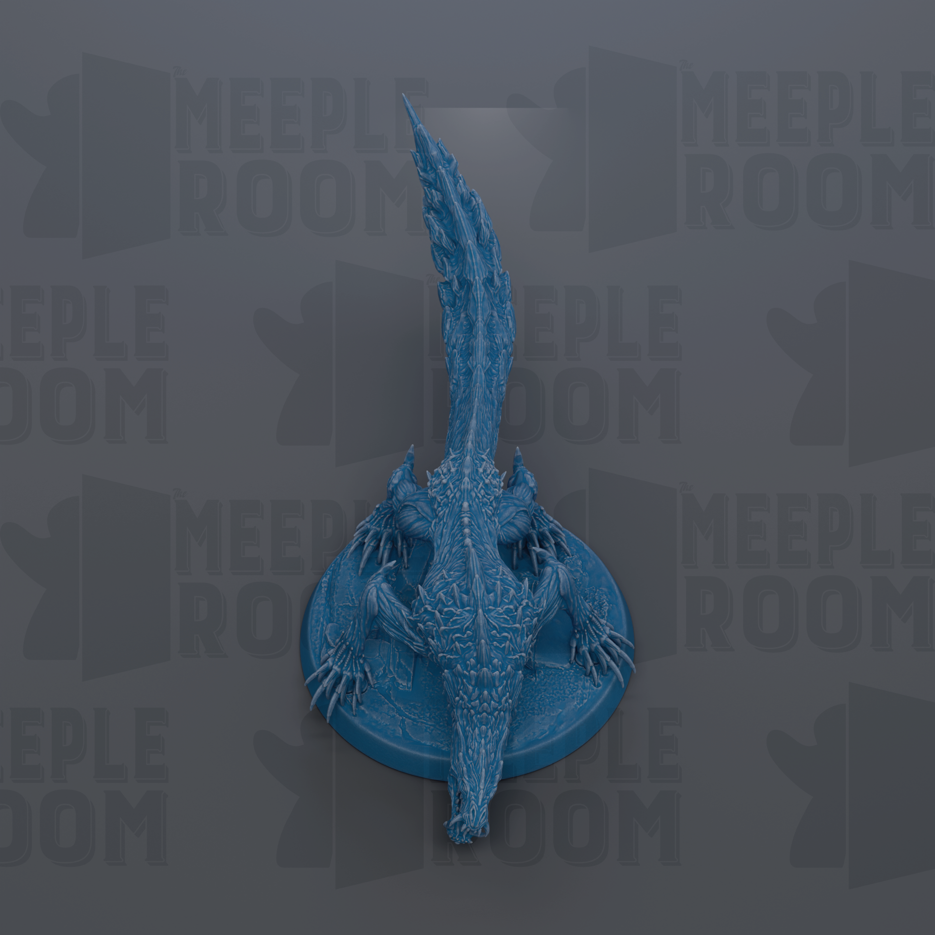 A blue, stylized dragon figurine is displayed against a dark background with repeated text.