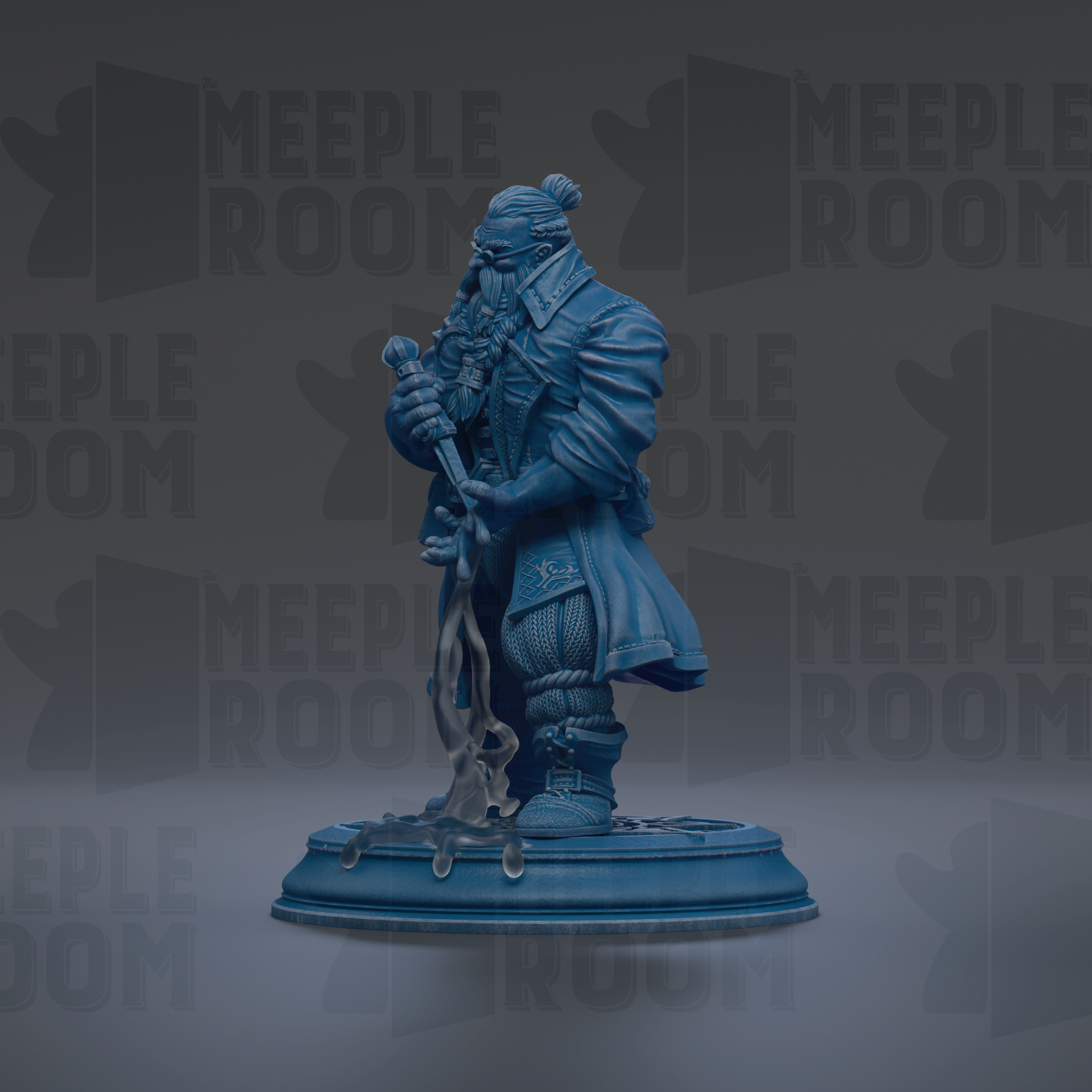 A blue statue of a person holding a sword and shield, standing on a pedestal.