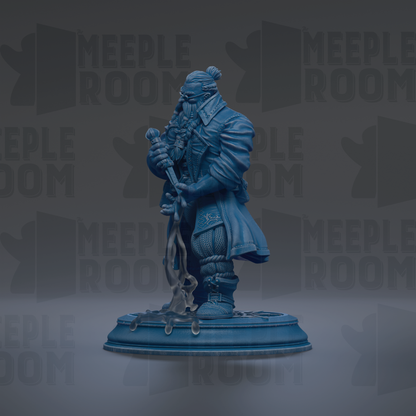 A blue statue of a person holding a sword and shield, standing on a pedestal.
