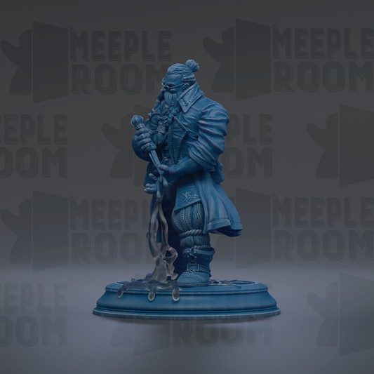 A blue statue of a person holding a sword and shield, standing on a pedestal.
