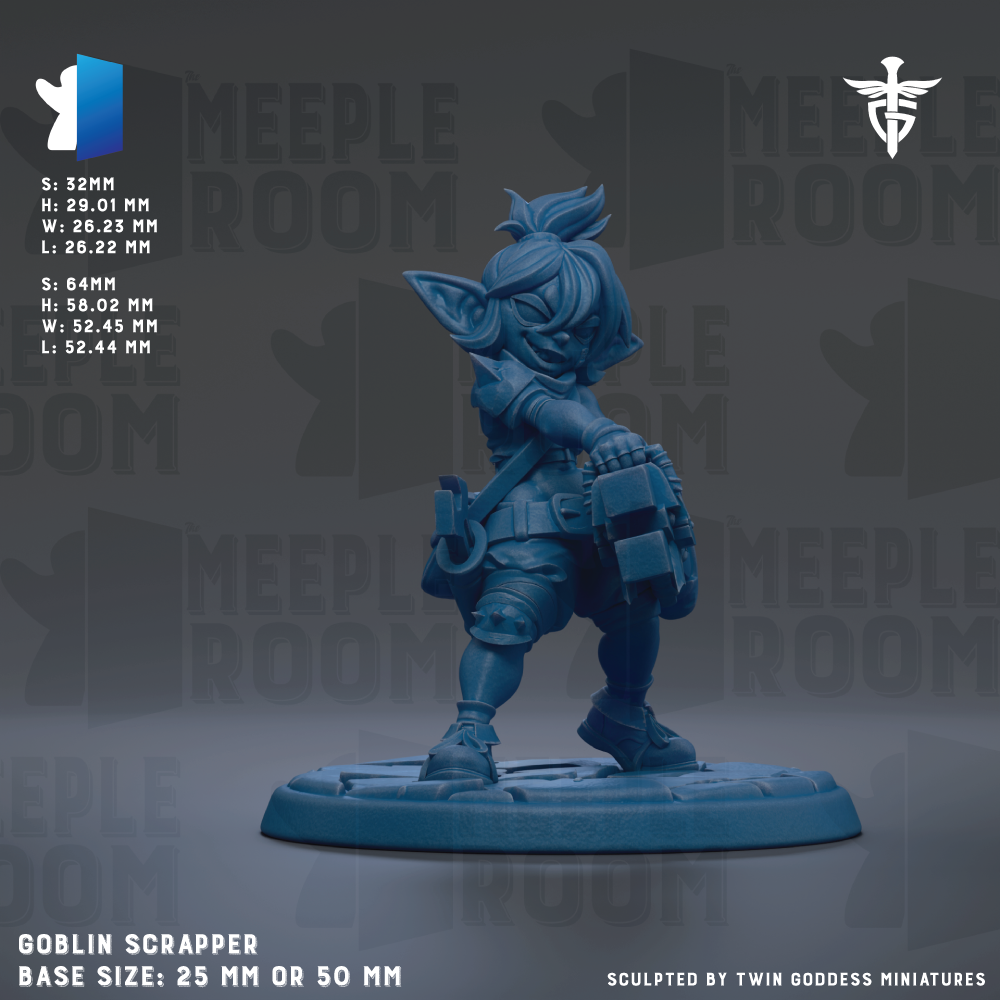 A blue figurine of a character from the video game "Meeple Room" is displayed on a base size of 25mm or 50mm.