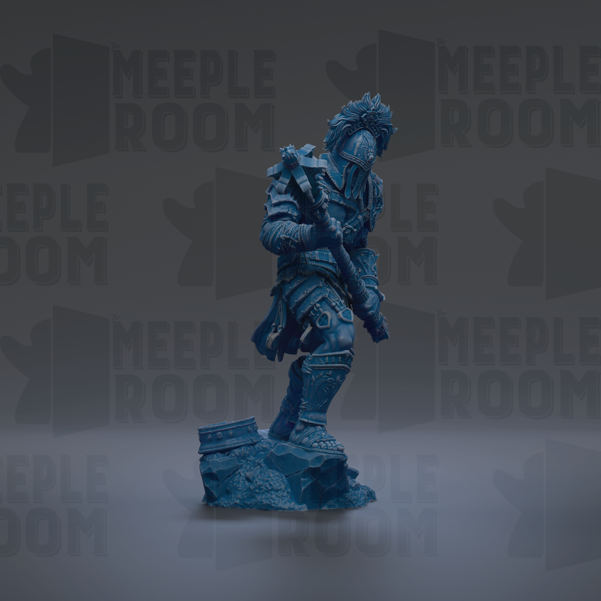 A blue statue of a warrior figure standing on a rock formation against a dark background.