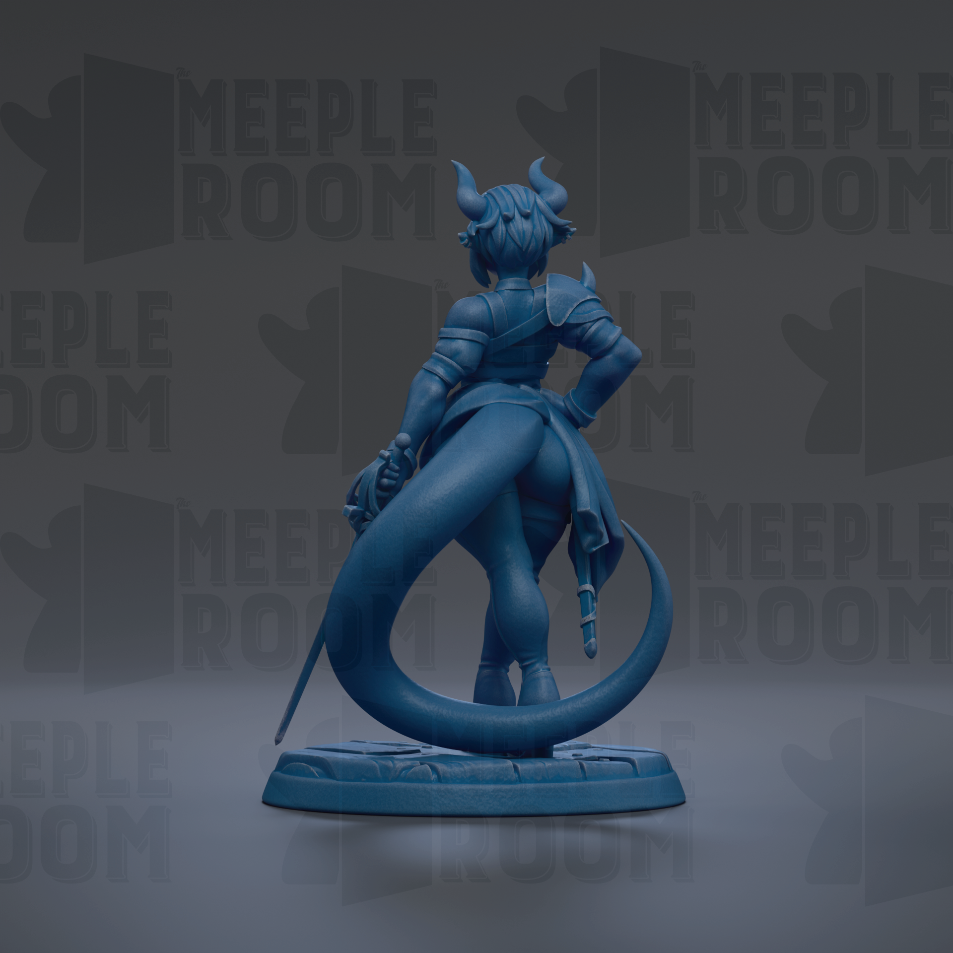 A blue figurine of a dragon-like creature with horns and a tail, standing on a base and holding a sword.