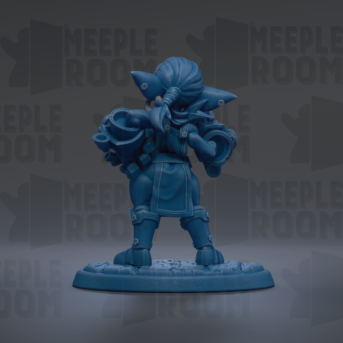 A blue figurine of a character with a large head and a small body, standing on a base and holding a shield.