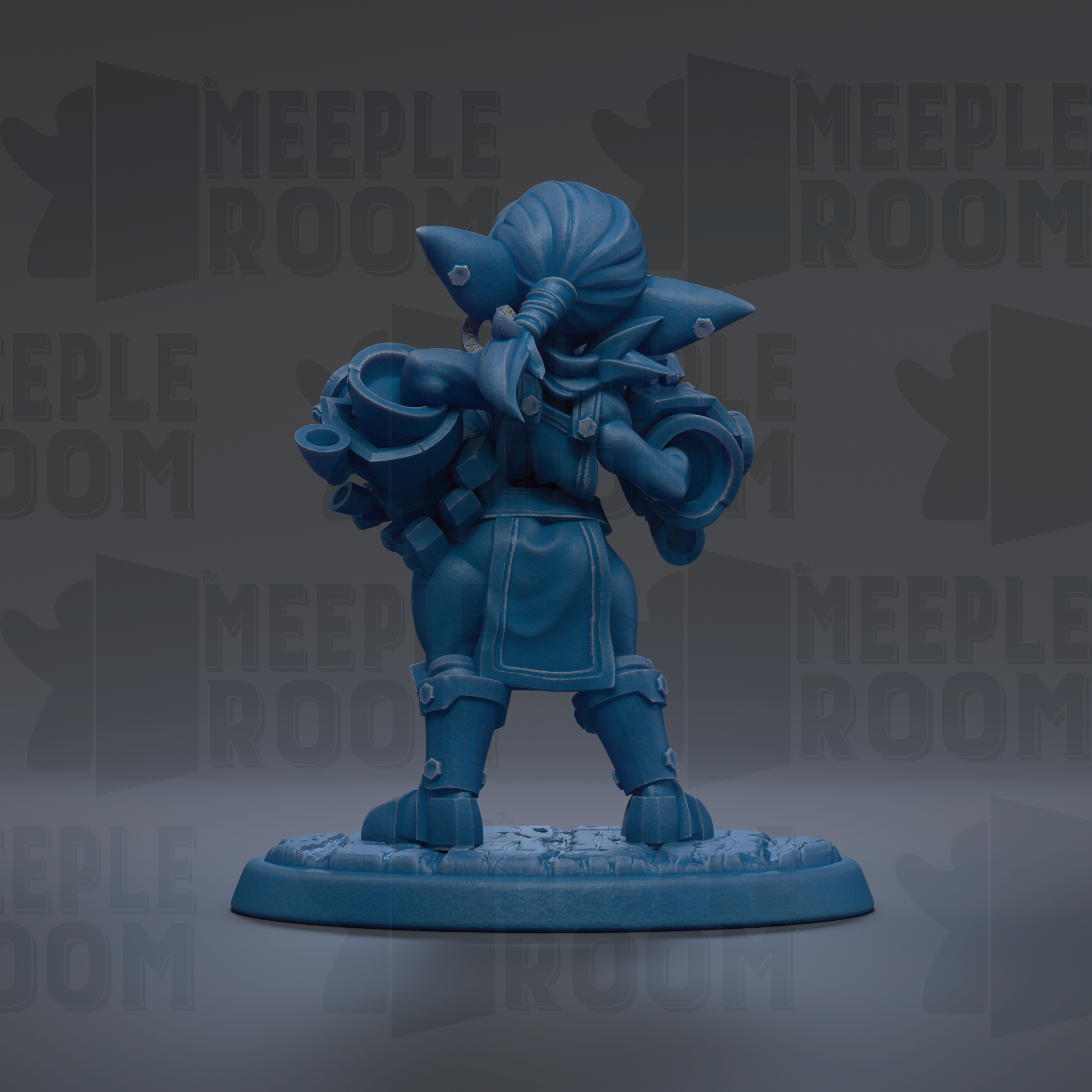 A blue figurine of a character with a large head and a small body, standing on a base and holding a shield.