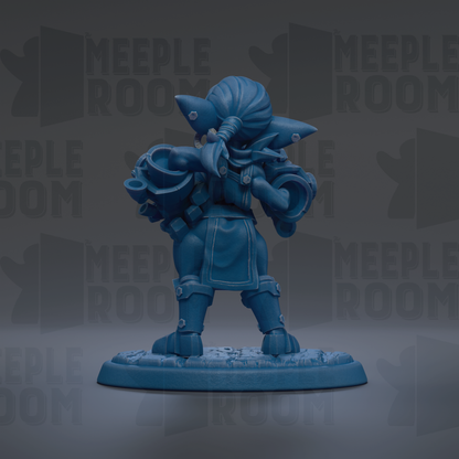 A blue figurine of a character with a large head and a small body, standing on a base and holding a shield.