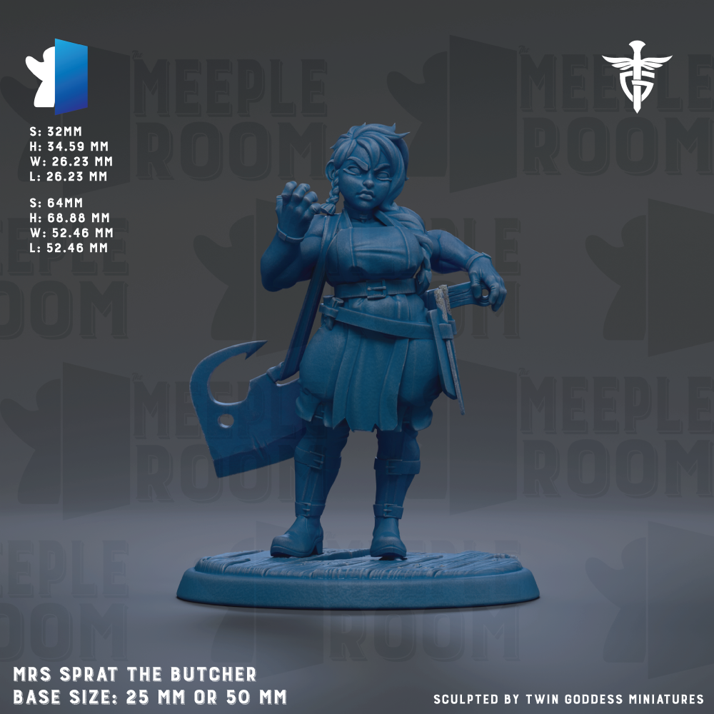 a figurine of a woman in a blue outfit, holding a large knife and standing on a platform. The figurine is described as "Mrs Sprat the Butcher" and is shown in various sizes, including 25mm and 50mm. The figurine is sculpted by "Twin Goddess Miniatures".