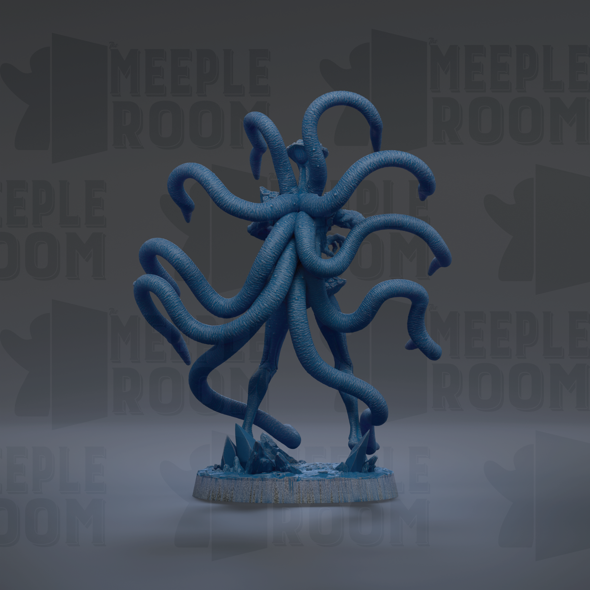 a large, blue, abstract sculpture with multiple tentacles extending outwards.