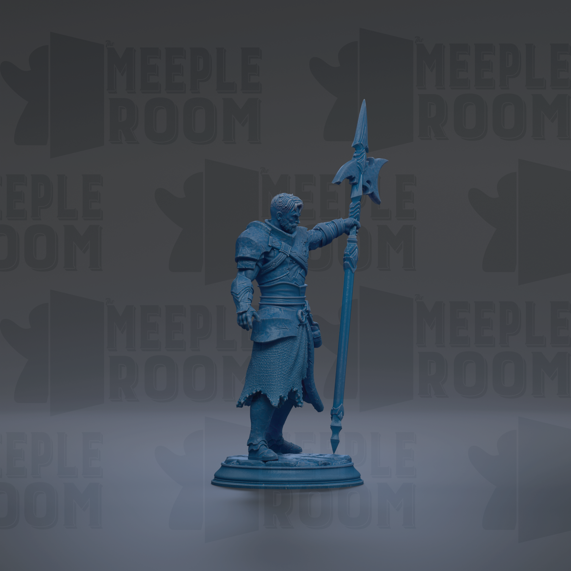 A blue statue of a knight holding a spear and shield stands prominently in the center of the image against a dark background with repeated "MEIPLE ROOM" text.