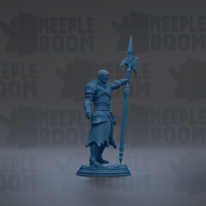 A blue statue of a knight holding a spear and shield stands prominently in the center of the image against a dark background with repeated "MEIPLE ROOM" text.